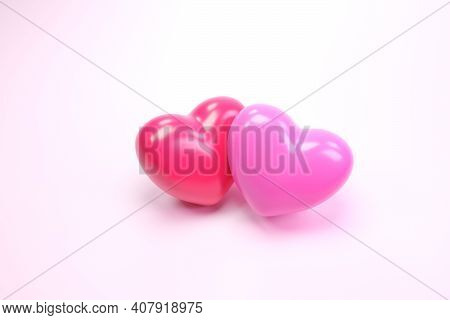 Two 3d Red Hearts Isolated On White Background Close-up. A Symbol Of Love And All Lovers. Traditiona