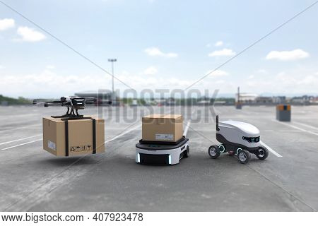 Autonomous Delivery Robot, Self-driving Robot, Delivery Drone, Business Air Transportation Concept. 