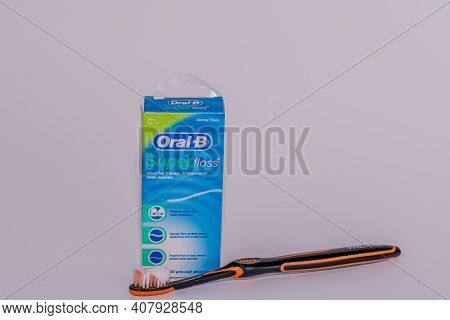 Daejeon, South Korea; Feb. 11, 2021: Box Of Oral-b Super Floss Isolated On White Background With Ora
