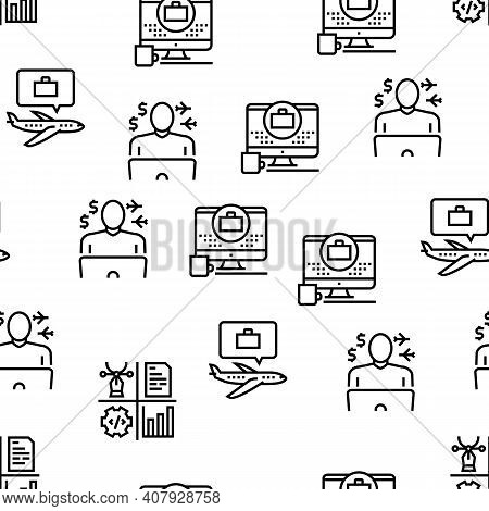 Digital Nomad Worker Vector Seamless Pattern Thin Line Illustration
