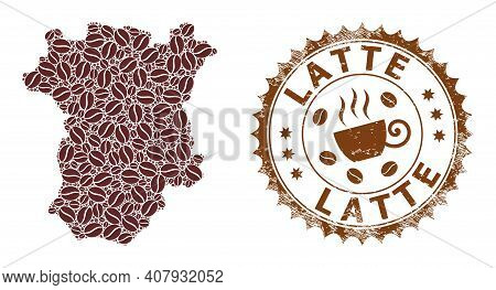 Coffee Mosaic Map Of Chechen Republic And Latte Grunge Stamp Seal. Vector Map Of Chechen Republic Co