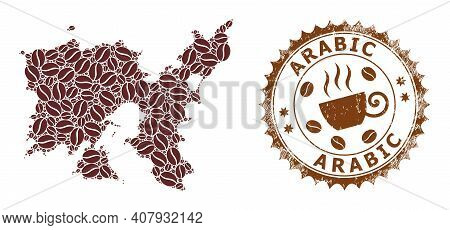 Coffee Mosaic Map Of Limnos Island And Arabic Distress Stamp Seal. Vector Map Of Limnos Island Colla