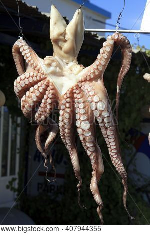 Kamiros, Rhodes / Greece - June 23, 2014: Octopus Drying In Kamiros Village, Rhodes, Dodecanese Isla