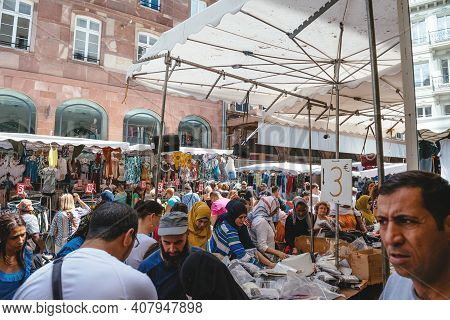 Strasbourg, France - July 29, 2017: Large Crowd Of People Walking On The Street Of Strasbourg During