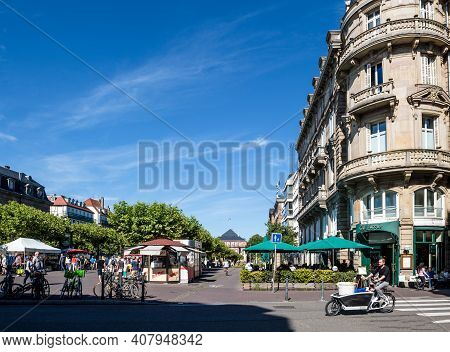 Strasbourg, France - July 29, 2017: Ultra-wide Image Of Place Broglie With An Iconic Cafe On The Rig