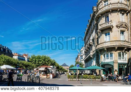 Strasbourg, France - July 29, 2017: Ultra-wide Image Of Place Broglie With An Iconic Cafe On The Rig