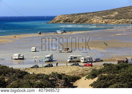Prasonissi, Rhodes / Greece - June 23, 2014: Campers At Cape Of Akra Prasonisi, Rhodes, Dodecanese I