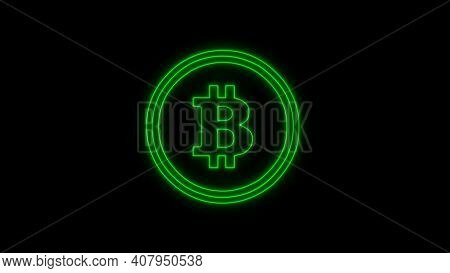 Bitcoin Neon Green Color, Cryptocurrency. Bitcoin Symbol On Black Background. Royalty High-quality F