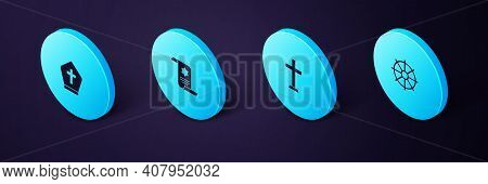 Set Isometric Dharma Wheel, Christian Cross, Torah Scroll And Pope Hat Icon. Vector