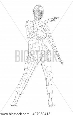 Wireframe Ballerina Or Dancer In Dance Pose. Vector 3d Rendering