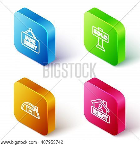 Set Isometric Line Hanging Sign With For Rent, Text Sold, Warehouse And Icon. Vector