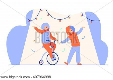 Happy Clowns Standing On Circus Arena Flat Vector Illustration. Cartoon Joker Characters Performing 