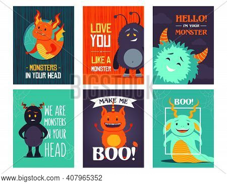 Modern Greeting Card Designs With Monsters. Creative Boo Postcards With Text And Funny Creatures. Ha