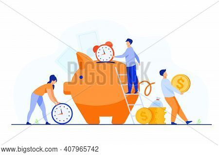 Rich People Keeping Cash And Clocks In Piggy Bank. Vector Illustration For Time Is Money, Business, 