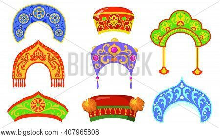 Russian National Lady Hat Flat Item Set. Cartoon Kokoshniks For Ethnic Folk Costume Isolated Vector 