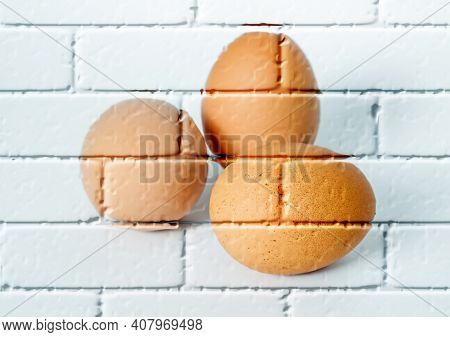 Three Brown Chicken Eggs ,imitation Graffiti,mural On A Brick Wall,imitation Painting