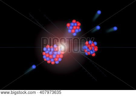 Neutron Hitting An Atomic Nucleus, Causing It To Divide Into Two New Nuclei And Ejecting Neutrons. 3