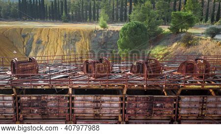 Old Rusty Trolleys Ar Abandoned Kokkinogia Copper Mine In Mitsero, Cyprus