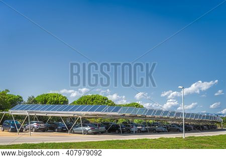 Large Carpark With Solar Panels On The Roof To Charge Cars With Ecological, Renewable Energy, Zaton 
