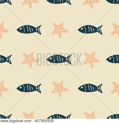Blue Fish And Peach Starfish Seamless Repeat Pattern. Vector
