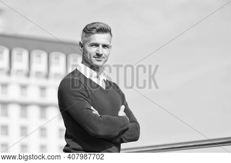 Nice Sunny Day. Confident Guy Smiling Outdoor. He Radiates Charisma. Male Beauty Fashion. Businessma