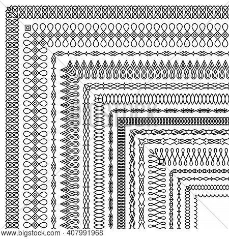 Vector Set Of Corner Brushes In A Modern Linear Style. Group Of Elegant Simple Border Designs For Ce