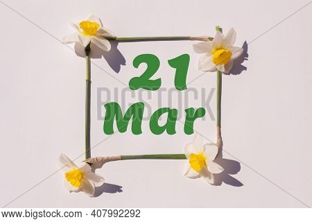 March 21th. Day 21 Of Month , Calendar Date. Frame From Flowers Of A Narcissus On A Light Background