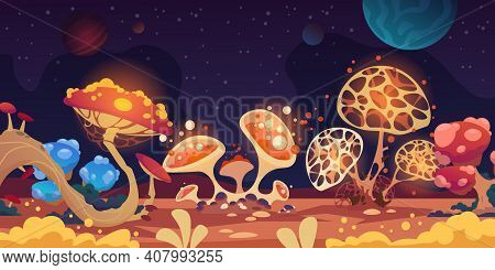 Alien Landscape. Fantasy Space Background With Colorful Monster Mushrooms, Magic Game Flora. Fantast