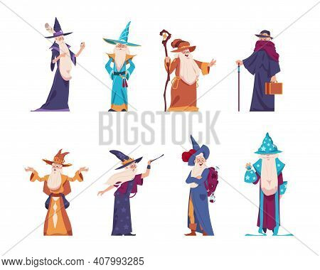 Cartoon Wizard. Magician Old Characters With Beard Wear Long Robes And Pointed Hats. Senior Wise Sor