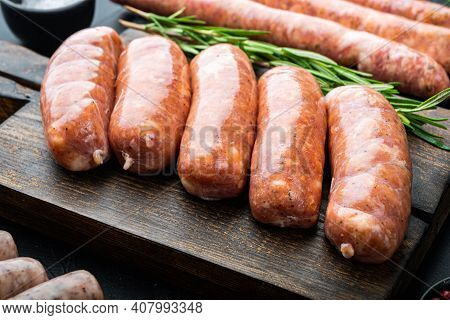 Traditional Pork Mest Sausages, On Black Background.