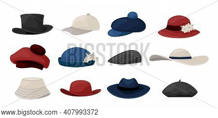 Cartoon Hats. Fashion Caps Collection Of Vintage Men And Women Head Wearing, Classic Ladies And Gent