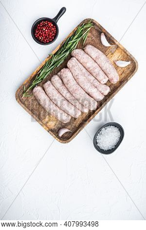 Traditional Mest Sausages, Flat Lay With Space For Text, On White Background.