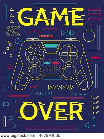 Game Print. Minimal Poster With Controller And Abstract Geometric Outline Shapes. Game Over Banner. 