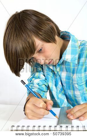 School Boy With Pencil And Ruler, Isolated On White