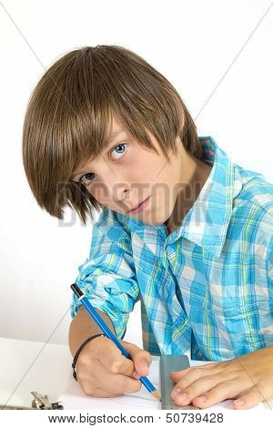 School Boy With Pencil And Ruler, Isolated On White