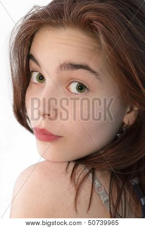 Beautiful Girl Looking Back Over Here Shoulder, Isolated On White