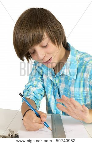 School Boy With Pencil And Ruler, Isolated On White