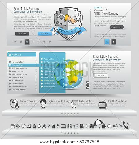 Web site design navigation template elements with icons set