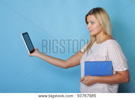 Girl With Tablet Computer Ebook Reader And Book