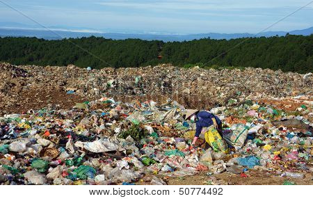 People pick up sweepings at refuse tip