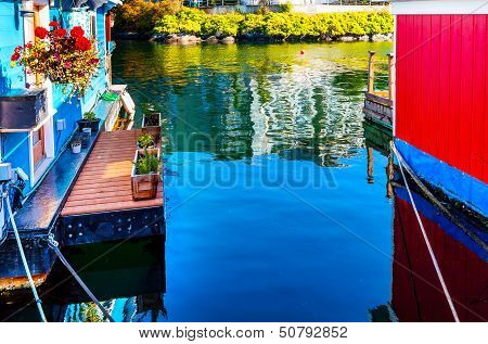 Floating Home Village Blue Red Houseboats Fisherman's Wharf Reflection Inner Harbor, Victoria Vancou