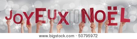 People Holding Joyeux Noel On Silver Background