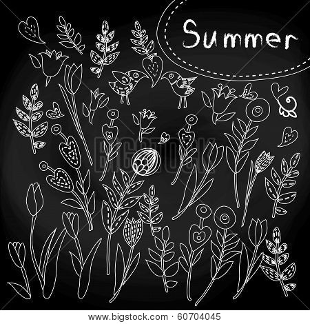 floral set on chalkboard