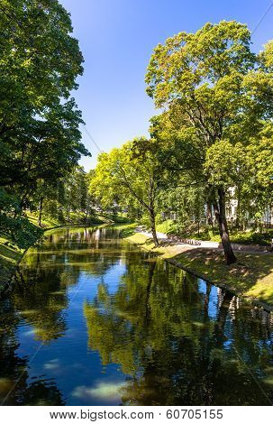 Riga Canal In Summertime, That Flows Through Bastion Park (bastejkalns). Latvia