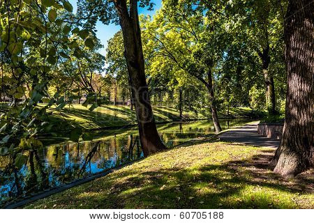 Riga Canal In Summertime, That Flows Through Bastion Park (bastejkalns). Latvia