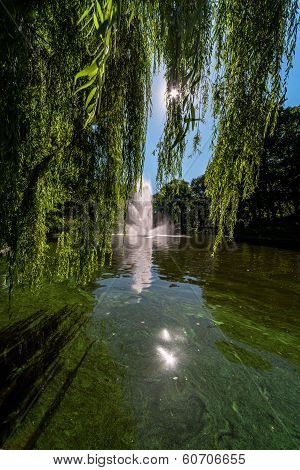 Fountain In Riga Canal, That Flows Through Bastion Park (bastejkalns). Latvia