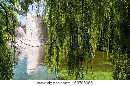 Fountain In Riga Canal, That Flows Through Bastion Park (bastejkalns). Latvia