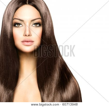 Hair. Beauty Woman with Long Healthy and Shiny Smooth Brown Hair. Model Brunette Girl Portrait over white background. Hair Extensions 