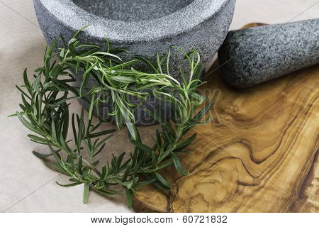 Mortar with Stösel of stone and heart of rosemary
