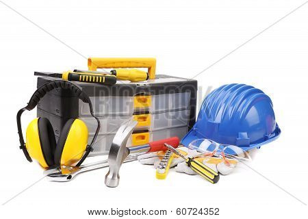 Plastic workbox with assorted tools.